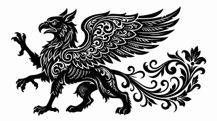 Fototapeta premium Heraldic griffin vector artwork featuring intricate floral swirl wing details and sharp claws. Black and white mythical creature illustration designed for coats of arms, tattoos, logos, laser cutting