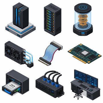 Isometric collection of nine computer hardware components featuring server racks, quantum processor, liquid-cooled graphics card, circuit board, SSD storage, PDU, and workstation.
