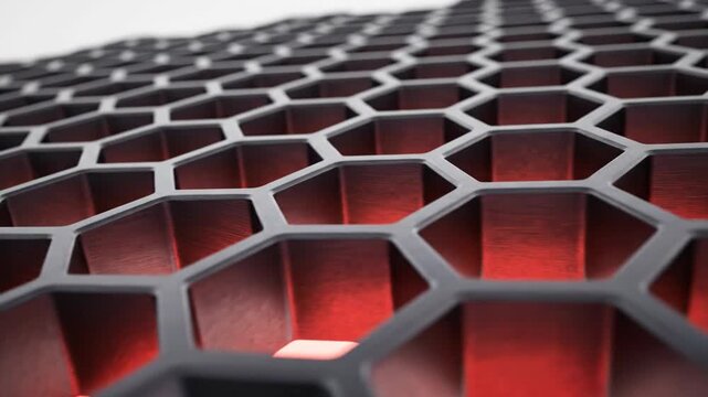 Close-up of dark grey hexagonal honeycomb pattern with red light glowing from the interior. Features a perspective view, metallic texture, and selective focus depth of field.