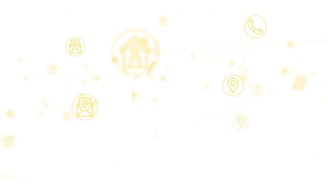 Modern abstract network illustration showing interconnected home icons with communication symbols on transparent background