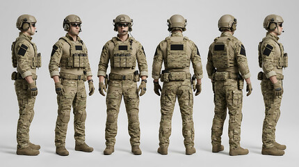 Fototapeta premium group of soldiers in tactical gear standing in formation against a plain background