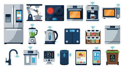Fototapeta premium Flat Vector Illustration of Smart Home Technology and Internet of Things (IoT) Connected Appliances Devices