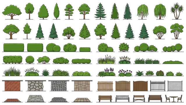 AutoCAD Buildings Architecture Vector Collection of Trees and Fences