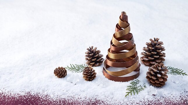 Premium Minimal Spiral Ribbon Christmas Tree on Snow with Copy Space