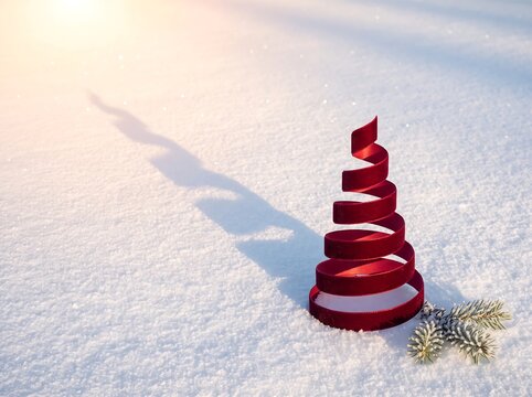 Premium Minimal Spiral Ribbon Christmas Tree on Snow with Copy Space