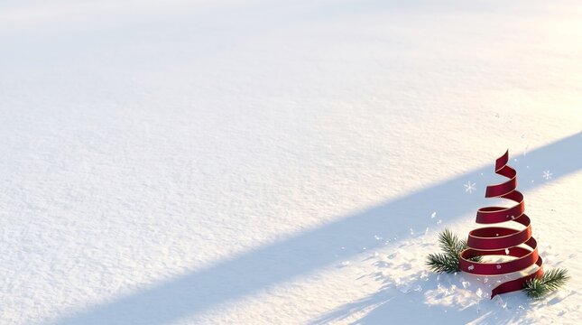 Premium Minimal Spiral Ribbon Christmas Tree on Snow with Copy Space
