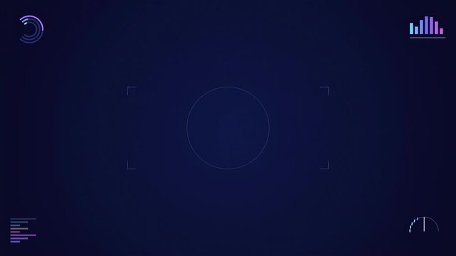 Abstract animated corner interface brackets drawn as blue and cyan glowing lines and dots on a deep dark background. Clean minimal motion graphics element with free space around it, ideal for title se