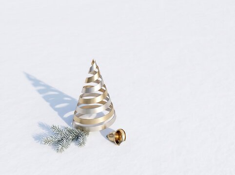 Premium Minimal Spiral Ribbon Christmas Tree on Snow with Copy Space