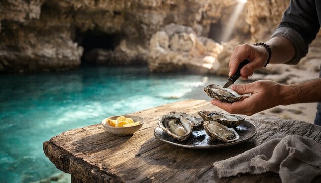 Shucking fresh oysters on a rustic wooden table by a scenic lagoon or sea cave with natural morning light