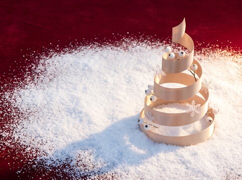 Premium Minimal Spiral Ribbon Christmas Tree on Snow with Copy Space