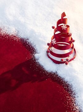 Premium Minimal Spiral Ribbon Christmas Tree on Snow with Copy Space