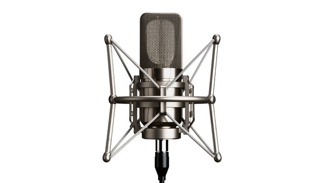 Professional studio condenser microphone with shock mount, isolated on transparent background
