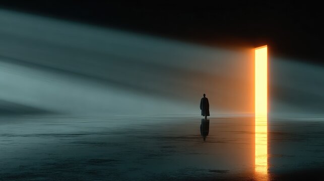 Person standing in dark room.