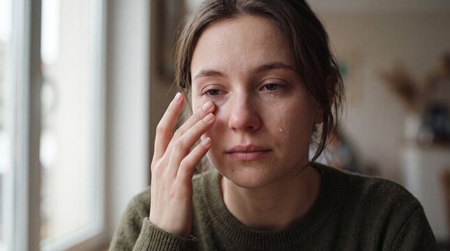 Sad woman with tearful eyes touching face, emotional expression of sorrow and vulnerability, natural light from window, casual indoor setting, brown hair, green sweater