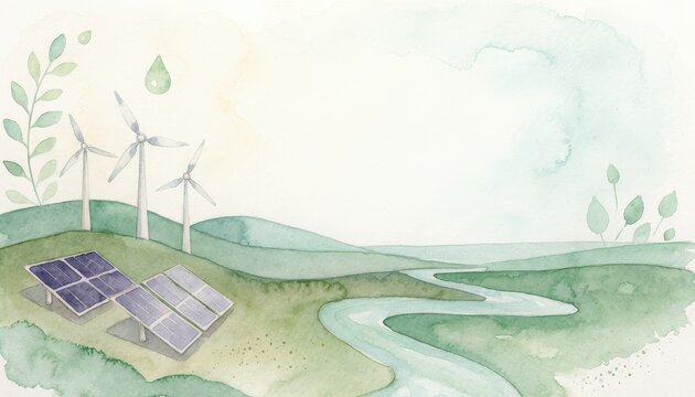 BCG environment sustainability green energy watercolor concept. Eco-friendly landscape with wind turbines, solar panels, and greenery.