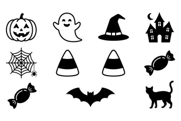 Fototapeta premium Halloween Icons Featuring a Jack-O'-Lantern, Ghost, Witch Hat, Haunted House, Spider Web, Candy Corn, Lollipop, Bat, and Black Cat