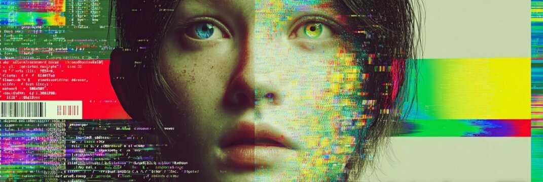 Digital transformation portrait revealing human identity merging with technological pixelated data visualization and color spectrum