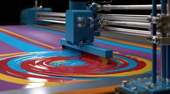 Industrial screen printing machine applying vibrant red ink onto colorful concentric circles on a fabric substrate
