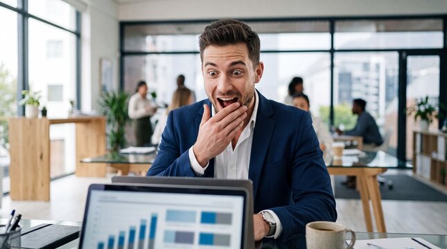 Surprised man office suit laptop hand mouth business workspace modern workplace emotion success chart