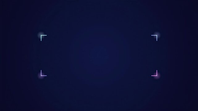 Abstract animated corner brackets locking into place drawn as blue and cyan glowing lines and dots on a deep dark background. Clean minimal motion graphics element with free space around it, ideal for