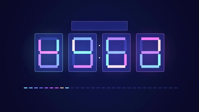 Abstract animated countdown timer drawn as blue and cyan glowing lines and dots on a deep dark background. Clean minimal motion graphics element with free space around it, ideal for title sequences, u