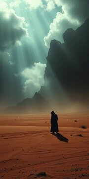 Darkness shrouds the desert landscape as a lone figure cowers amidst accusatory shadows, dramatic, ||desert