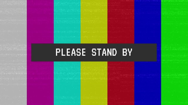 Retro Television Static Screen With Please Stand By Message. Vintage television screen. Tv static color noise glitch error video with please stand by text animtaion. 4K Video.