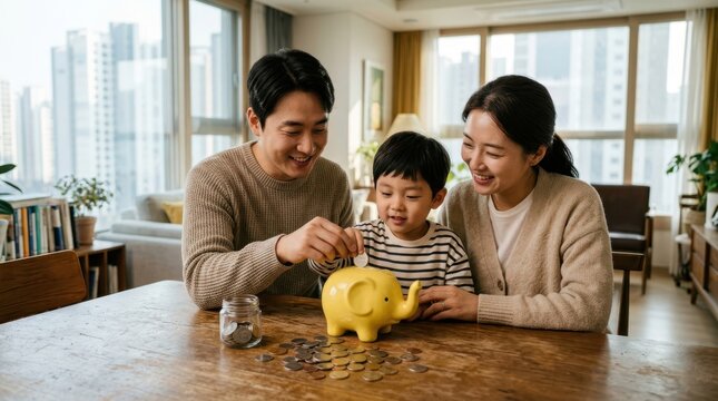 Joyful family saving money together with a piggy bank in a bright living room
