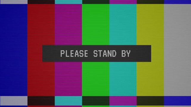 Please stand by television broadcast test pattern with colorful bars. Please stand by text on test pattern  old TV. 4K Video.