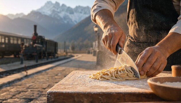 ​Making fresh homemade pasta on a wooden board at a railway station platform with vintage train and mountains at sunrise
