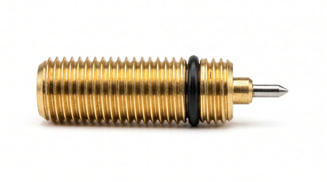 Extreme macro of a camping stove gas valve spindle. Solid brass threaded rod with micro O-ring and control needle.