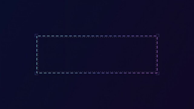 Abstract animated dashed line frame drawn as cool blue-white glowing lines and dots on a deep dark background. Clean minimal motion graphics element with free space around it, ideal for title sequence