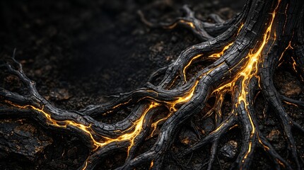 Fototapeta premium Abstract Forest Fire Glowing Through Dark Woodland with Burning Sand Textures Nature Pattern of Trees Water Flow and Wildlife Inspired Green and Brown Landscape Wallpaper Background