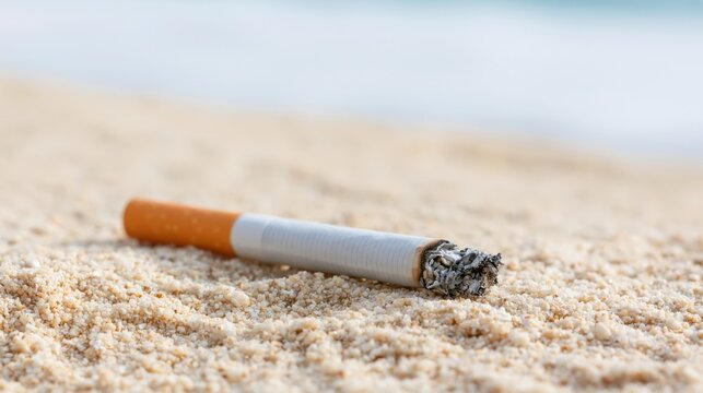 The cigarette butt resting on a sunlit sandy beach with the ocean backdrop