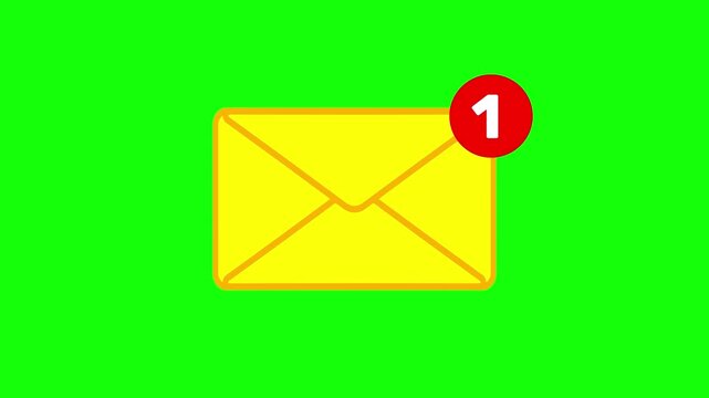 Animated yellow envelope with notification badge on green screen background.