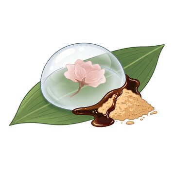 Mizu shingen mochi raindrop cake with cherry blossom flower inside served on a leaf with kinako and kuromitsu