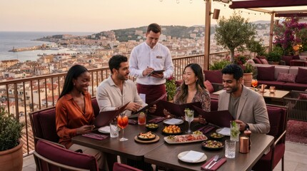 Obraz premium Friends enjoying rooftop dining with scenic city and sea views at sunset