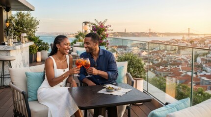 Obraz premium Couple enjoys cocktails on a rooftop terrace overlooking a city at sunset