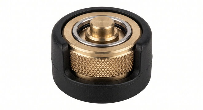 Extreme macro of a bare scuba BCD power inflator button. Micro-machined marine-grade brass mechanism in black polymer.