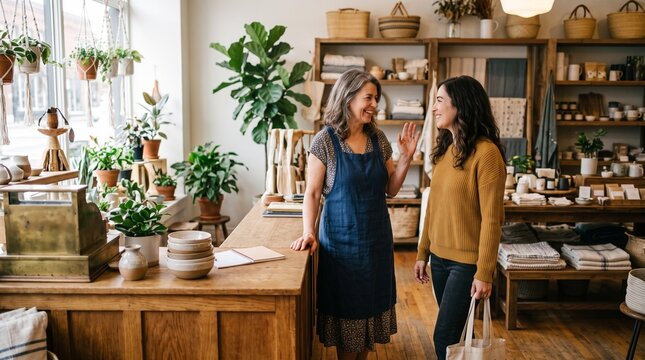 Two women smiling and talking in a charming boutique store filled with plants and artisanal goods
