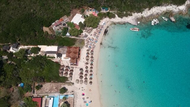 Top Down Drone View of Paxos Beach, Turquoise Sea and Crystal Clear Water, Greece