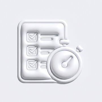 3D clean white minimal task management checklist intersecting with a stopwatch icon, neumorphism style productivity concept isolated on white