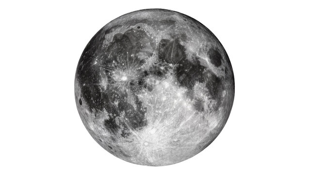 Detailed full moon surface with craters and maria, isolated on transparent background