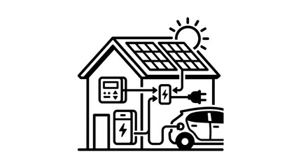 Fototapeta premium House with solar panels charging electric car illustration.