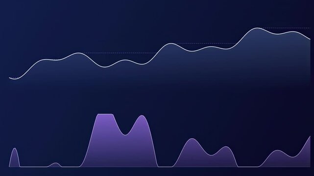 Abstract animated equity curve with drawdown shading drawn as blue and cyan glowing lines and dots on a deep dark background. Clean minimal motion graphics element with free space around it, ideal for