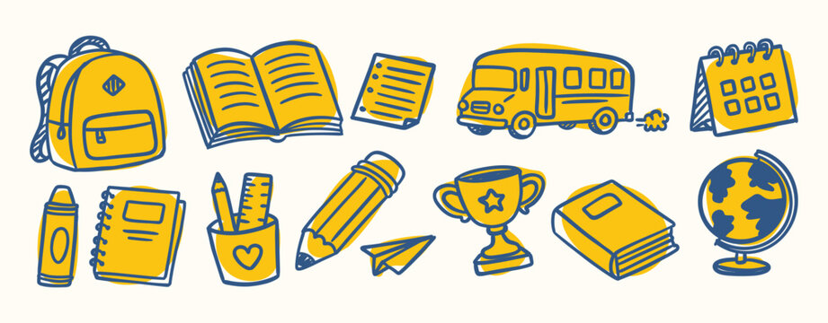 Hand drawn back to school doodle element collection in a colorful vintage style. Perfect for education, planners, stickers, classrooms, worksheets, branding, and print designs