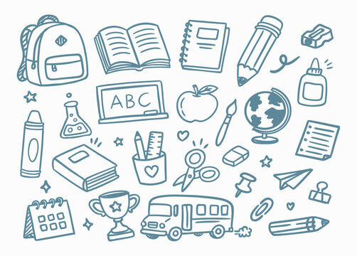 Hand drawn back to school doodle element set with classroom supplies in a playful outline style. Perfect for education, planners, stickers, worksheets, branding, and print designs