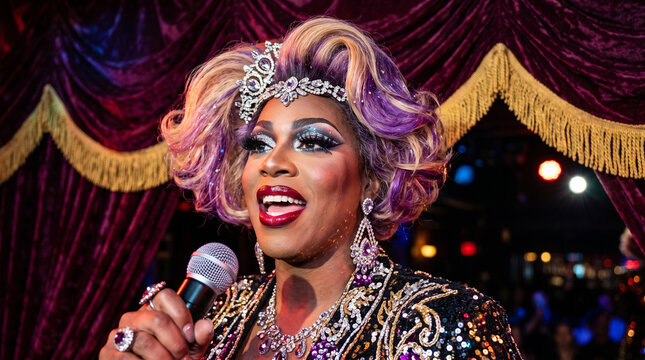 Elegant drag queen performer in a jeweled tiara and sequined outfit singing cheerfully into a microphone.