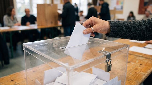 Voter casts ballot into transparent ballot box during election day voting process