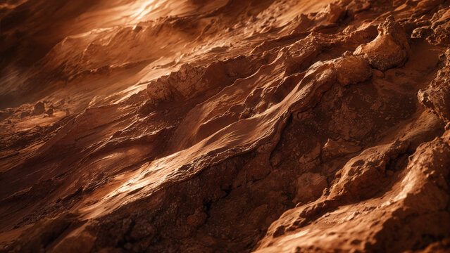 A view of the Mars surface reveals rocky terrain with various textures under the sunlight. The scene captures the color and detail of the Martian soil